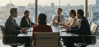 A diverse group of professionals engages in a meeting around a large table, with a city skyline visible through large windows.